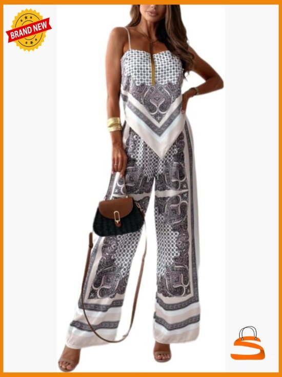 Pants - Paisley Print 2 Piece Outfits Sleeveless Cami Top Wide Leg Pants Boho Set